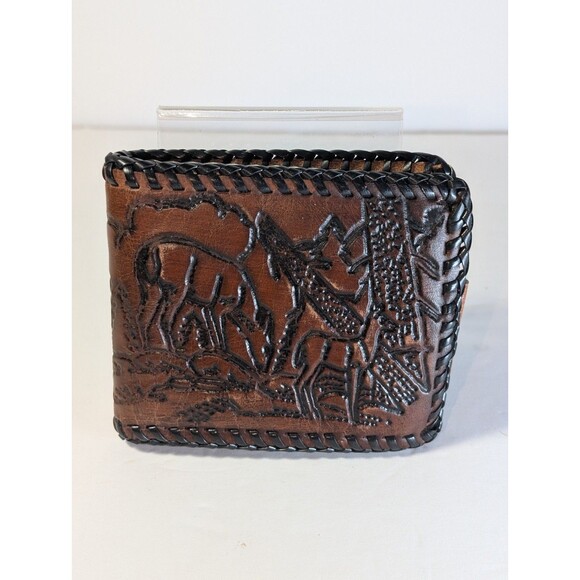 Vintage Hand Tooled Leather Wallet Deer Forest Scene Western Bifold Snap Brown - Picture 4 of 15
